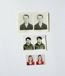Two passport photos each of the grandmother, mother, and daughter arranged beneath one another on a white surface.