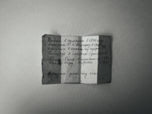 A dog-eared, handwritten slip of paper with visible folds.