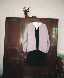 A set of clothes consisting of a blouse, dress, and cardigan hangs in front of a closet.