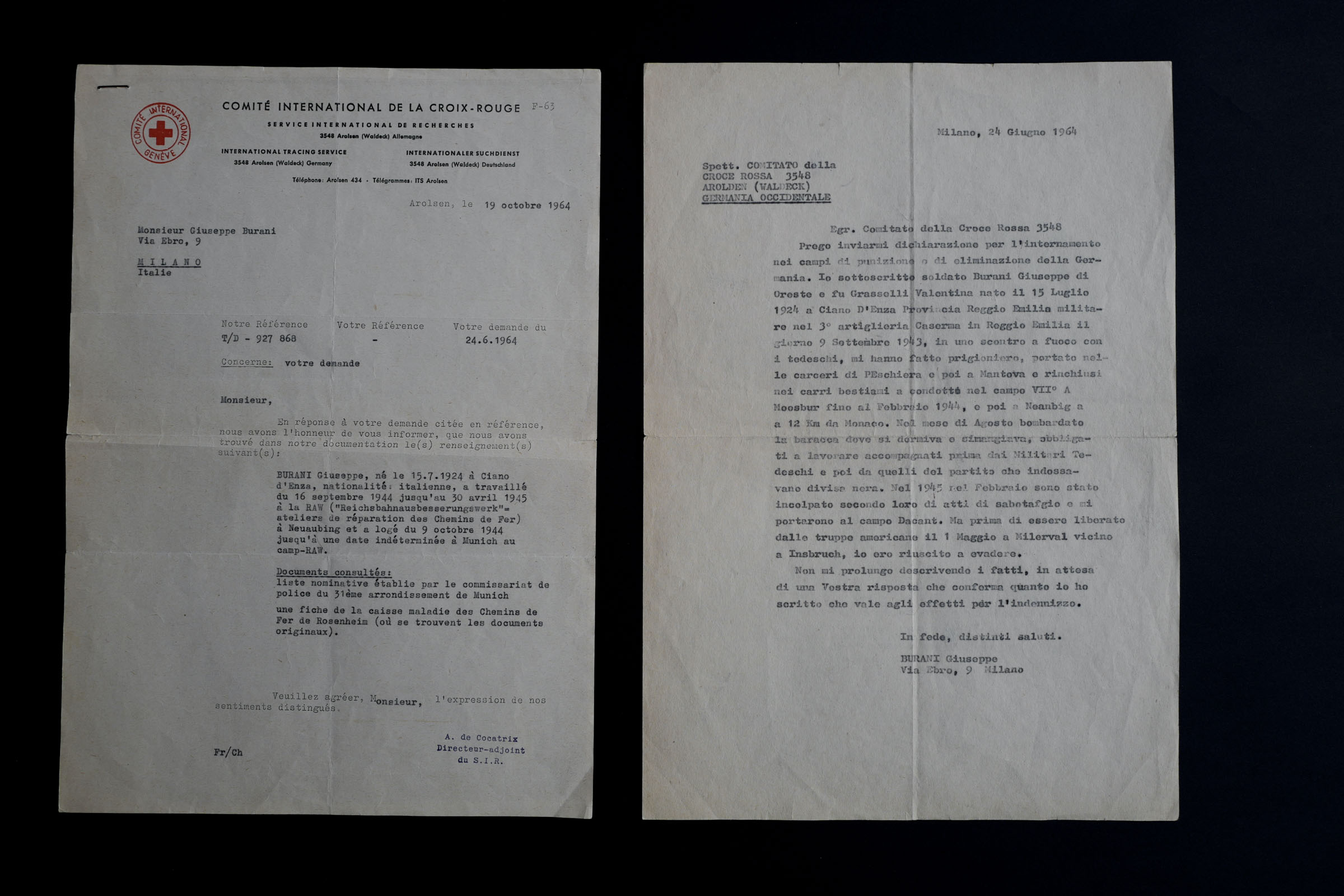 A historical document of the Red Cross International Tracing Service.